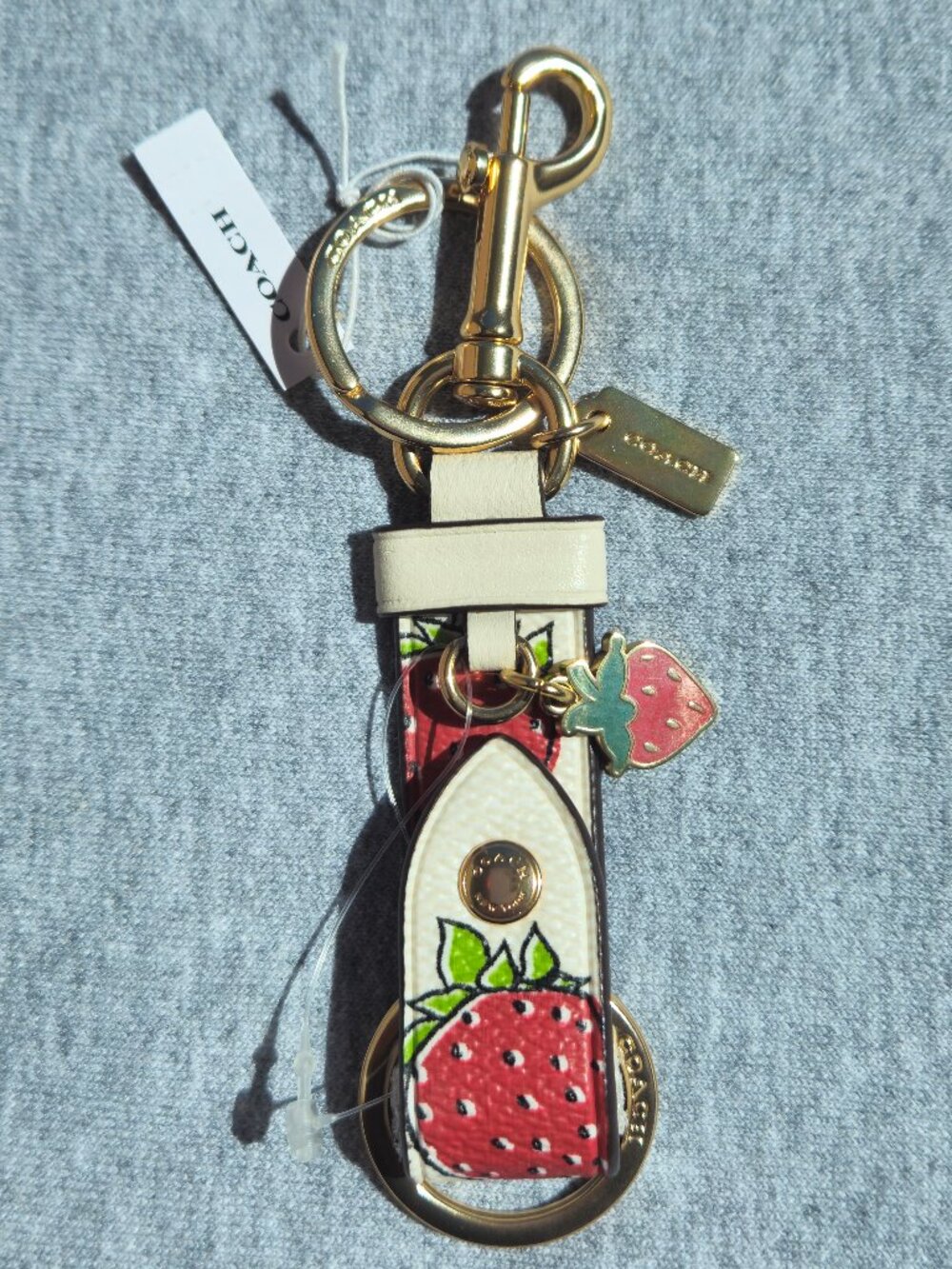 NWT Coach Trigger Snap Bag Charm With Strawberry Print Key Fob Chalk Multi CAO45